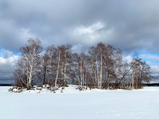 Russia, Chelyabinsk region. One of the islands on lake Uvildy in January in frosty weather