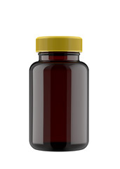Amber Brown Transparent Plastic Bottle with Yellow Lid for Pills Packing. 3D Render Isolated on White Background.