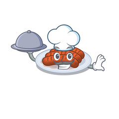 Grilled sausage chef cartoon character serving food on tray