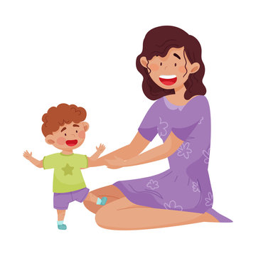 Young Mother and Her Little Baby Having Fun Together Vector Illustration