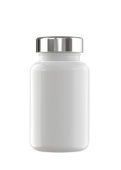 White Plastic Bottle for Pills Packing with Chrome Metallic Lid. 3D Render Isolated on White Background.