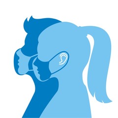 Face silhouette of a guy and a girl together in respirators