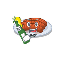 Mascot character design of grilled sausage say cheers with bottle of beer