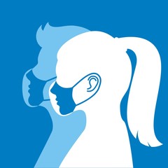 Face silhouette of a guy and a girl together in medical masks