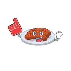 Grilled sausage presented in cartoon character design with Foam finger