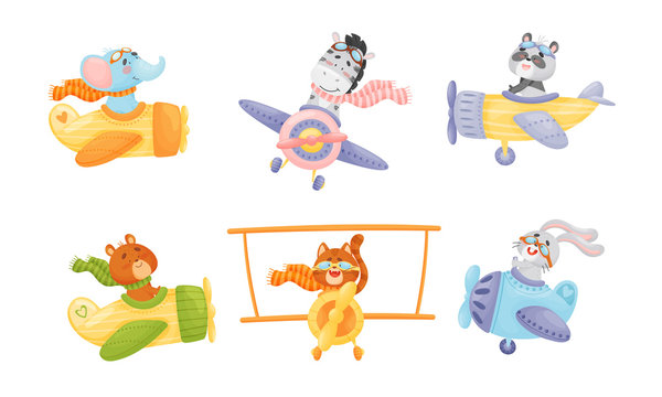 Cute Animals Wearing Aviator Goggles Flying An Airplane With Scarf Fluttering Behind Vector Set