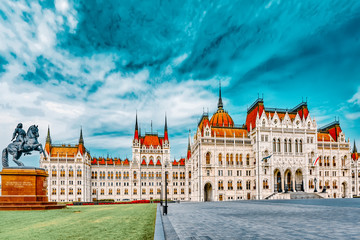 Hungarian Parliament Main Entrance. Panoramic view. Hungary.