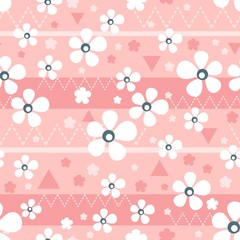 Seamless pattern with small white flowers, stripes and zigzags on a pink background. Vector illustration.
