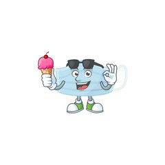 Cute surgery mask cartoon character enjoying an ice cream