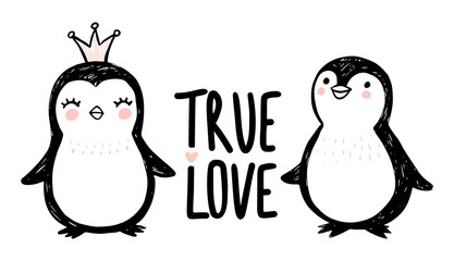 Hand drawn penguins. Doodle cute princess animal illustration. Vector character set