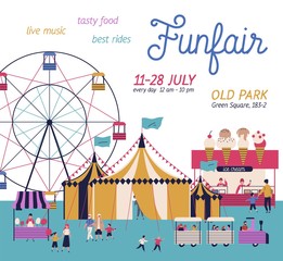 Amusement park poster with circus, ferris wheel, cotton candy and ice cream booth. Cartoon tiny people have fun together isolated on white. Announcement family entertainment vector flat illustration