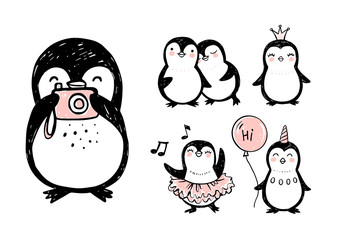Doodle penguins, hand drawn set of funny animals. Vector Penguin character in sketch style.