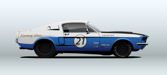 Classic muscle car in racing colors. Vector illustration. Side view with perspective.
