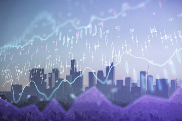 Forex chart on cityscape with skyscrapers wallpaper double exposure. Financial research concept.