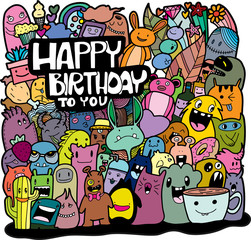 Many monsters, various colors, doodle Come to bless on the birthday Colorful, fun. It is an illustration, greeting card. And various things.