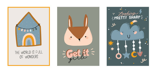 Cute baby shower in scandinavian style including trendy quotes and cool animal decorative hand drawn elements. Cartoon doodle kids illustration for nursery room decor, children design. Vector. © Ruslana