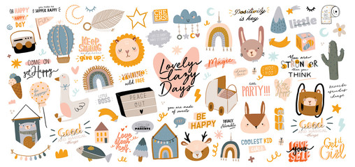 Cute baby shower in scandinavian style including trendy quotes and cool animal decorative hand drawn elements. Cartoon doodle kids illustration for nursery room decor, children design. Vector.
