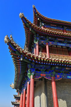 Upturned eaves with chiwen and chishou ornate-Xieshan style roof-Jiayuguan fortress-Gansu-China-0790