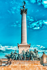 Fototapeta na wymiar Heroes' Square-is one of the major squares in Budapest, Hungary, statue Seven Chieftains of the Magyars and other important national leaders.