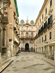 Fototapeta na wymiar View of the palace, Palazzo Senatorio, Cavaretta, twin Clocks Tower. Trapani. Sicily. Italy