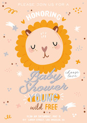 Cute baby shower in scandinavian style including trendy quotes and cool animal decorative hand drawn elements. Cartoon doodle kids illustration for nursery room decor, children design. Vector.