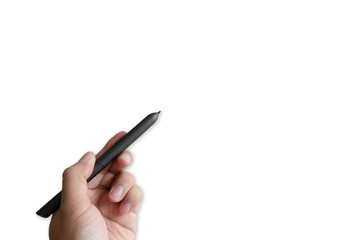 Hand with black pen isolated on white background