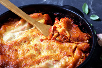 Pasta stuffed with bolognese sauce and cheese