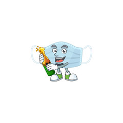 Mascot cartoon design of surgery mask making toast with a bottle of beer