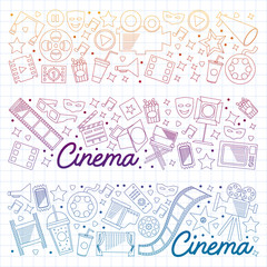 Cinema, video. Doodle set of vector icons. Megaphone, camera, movie. Musical theathre, entertaiment.