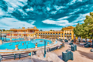 BUDAPEST, HUNGARY, - MAY 05, 2016 Courtyard of Szechenyi Baths, Hungarian thermal bath complex and spa treatments.