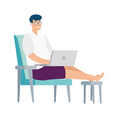 man sitting in chair with laptop isolated icon vector illustration design