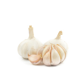 Fresh Organic Garlic Bulbs and Garlic Cloves (Allium sativum) isolated on white background. concept Herbal and Vegetable extracts are medications for Reduce heart disease risk and relieve colds.
