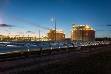 Gas pipelines and gas tanks at the LNG terminal
