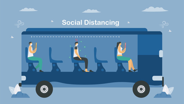 Social distancing in public transport bus. Sit away from people. Save life from coronavirus outbreak. Vector illustration designs in flat style.