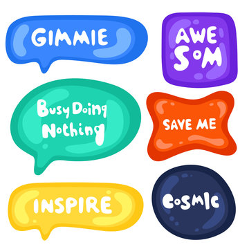Set of stickers on different shapes. Collection of vector multicolored glossy stickers on white background. Teens millenials culture. Cool expression, slang, comics, gaming style, web, speech bubbles