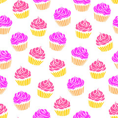 Cupcake seamless pattern with white background. Colorful cupcakes vector illustration. Yummy desserts.