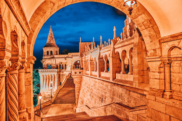 View on the Old Fisherman Bastion in Budapest. Night time.