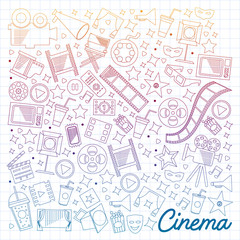 Cinema, video. Doodle set of vector icons. Megaphone, camera, movie. Musical theathre, entertaiment.