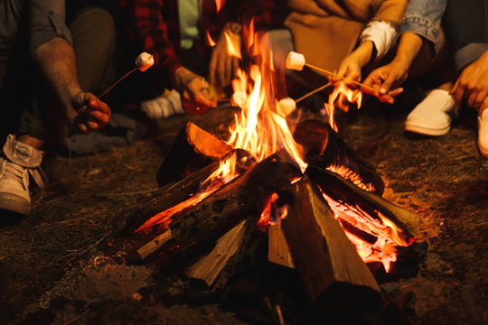 Group of friends holding marshmallow in fire outdoors.
