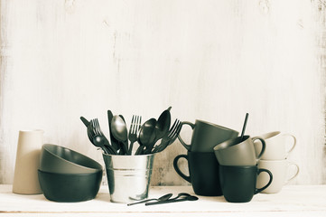 Set of black and grey tableware