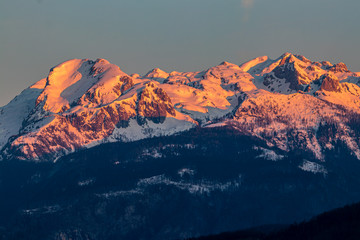 Sunlit Julian alps view from Bohinj valley