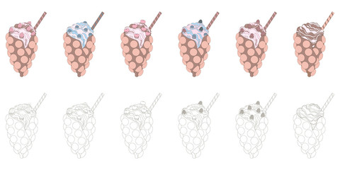 Set of bubbly Hong Kong wafers. Egg waffles with strawberry, blueberry, cherry, wild berry, raspberry and chocolate filling. Clip art of Chinese desserts in delicate colors and black and white. Vector