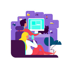 Obraz premium Young people using online services concept. Guy at computer and girl with smartphone order food online, taxi, doctor, watch pics and read blogs. Remote working, home office. Vector flat illustration.