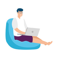 man sitting in pouf with laptop vector illustration design