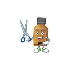 Cute Barber syrup cure bottle cartoon character style with scissor