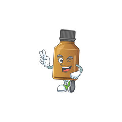 Cheerful syrup cure bottle mascot design with two fingers