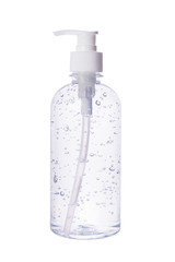 Bottle of instant antiseptic hand sanitizer transparent gel isolated on white background,.