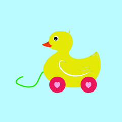 Wooden toy duck isolated on blue background. Vector illustration.