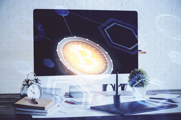 Fototapeta na wymiar Multi exposure of blockchain and crypto economy theme hologram and table with computer background. Concept of bitcoin cryptocurrency.