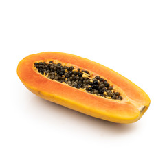 Ripe fresh sweet papaya and half cut with seed (Carica papaya L.) isolated on white background.Healthy fruits to the digestive system.
